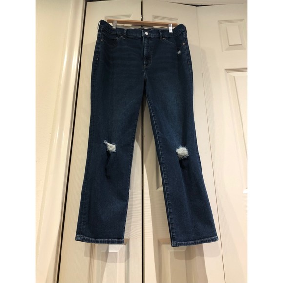 EXPRESS Super High Waisted Slim Straight Ripped Dark Wash Jeans 14 - Picture 2 of 12